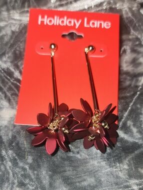 Holiday Lane Maroon Floral Drop Earrings with Gold Accents